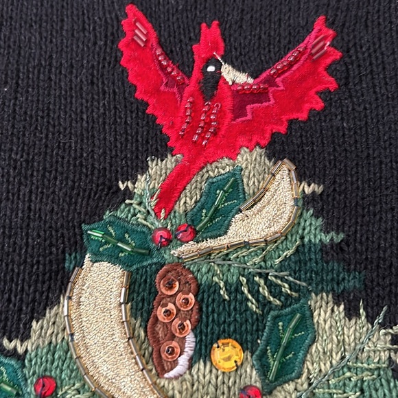 Beads Sequins Embroidery Cardinals Xmas Tree Ramie Cotton Sweater Tiara Int'l Lg - Picture 8 of 14